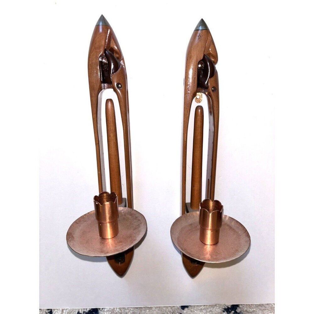 Vintage Wooden Textile Mill Weaving Loom Shuttlecock wall Candlestick Holders - Picture 2 of 9